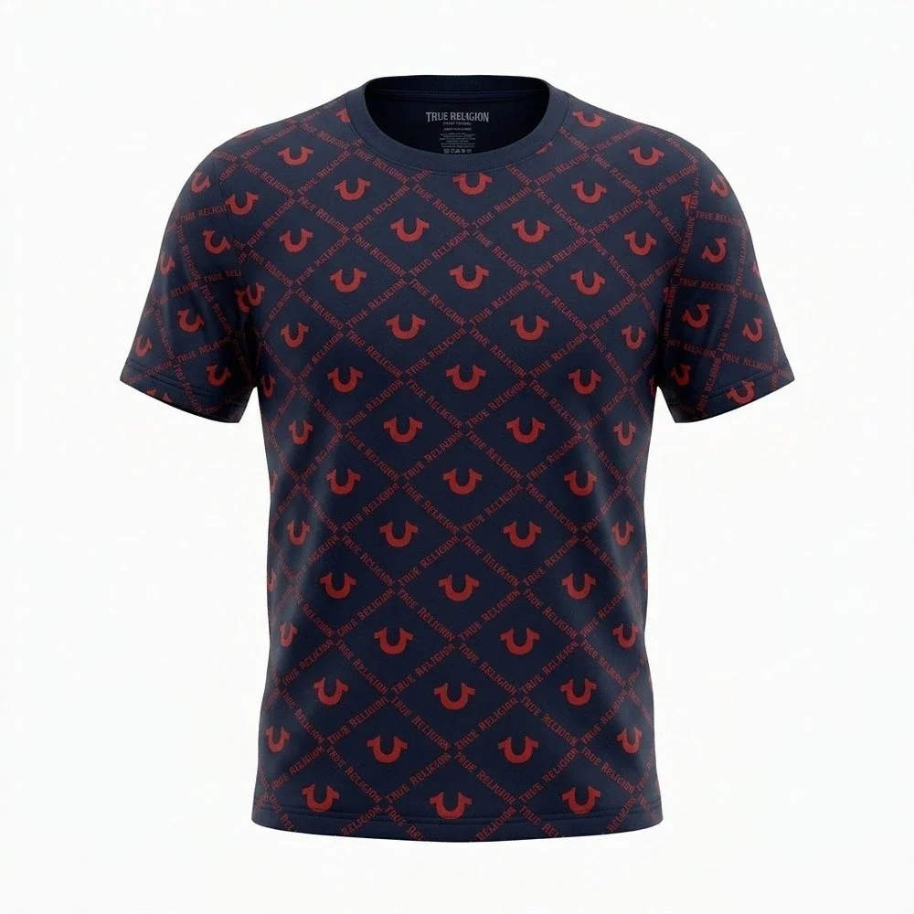 True Religion Mens Navy Blue Red All Over Logo Print T-Shirt 108050 Small NWT